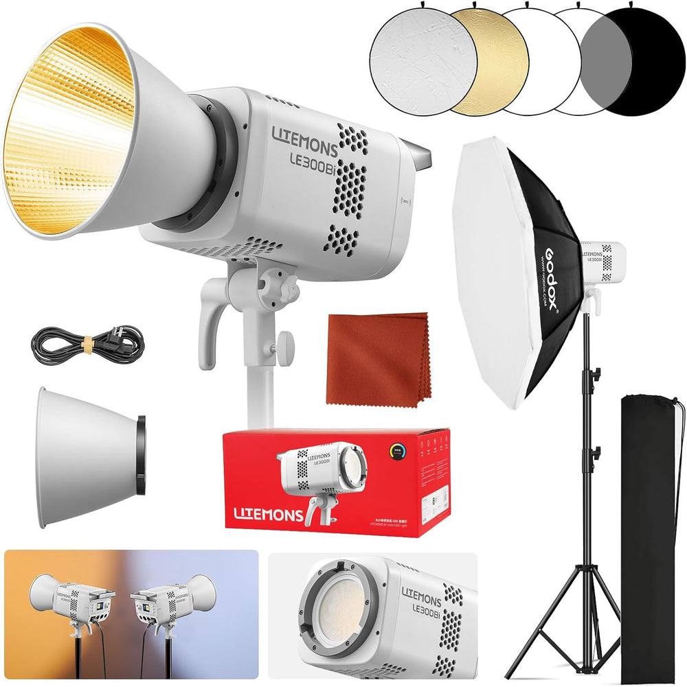GODOX Litemons LE300Bi Kit, Godox Video Light Kit with Softbox Light Stand