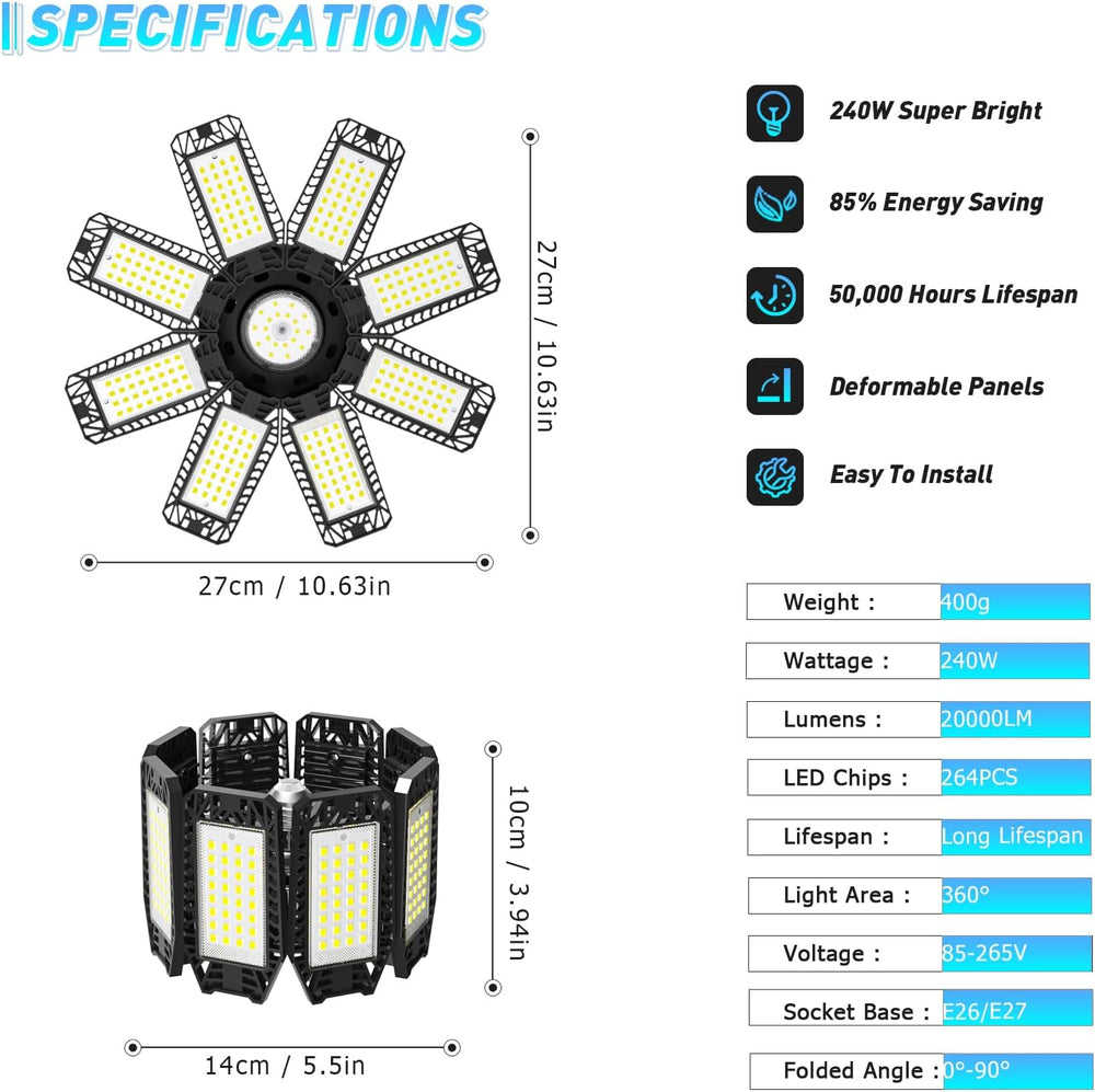 Garage Light 6 Pack - 240W 24000LM 6500K Garage Lights Ceiling LED with 8+1 D...