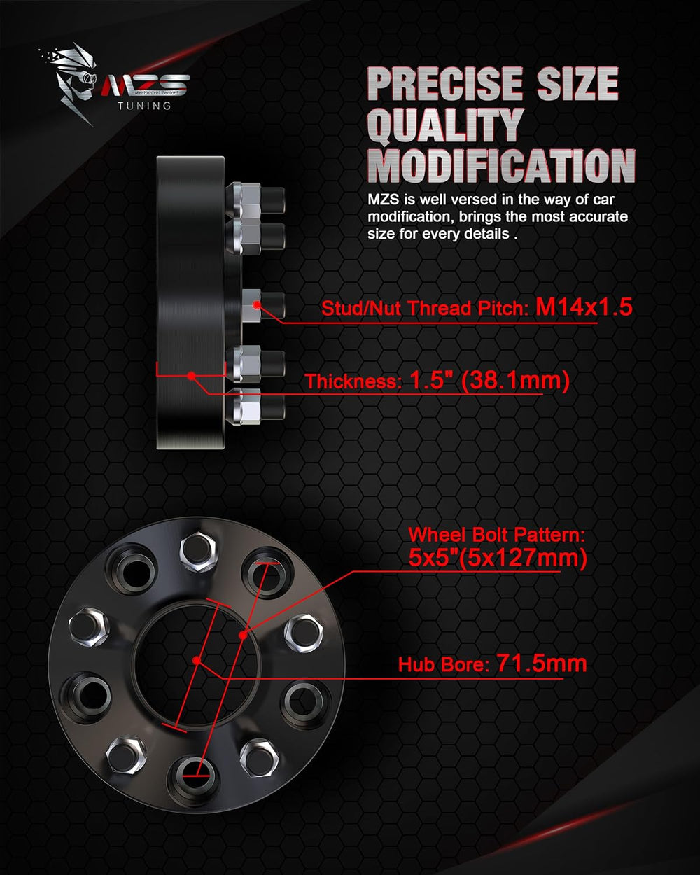 MZS 5X5 Wheel Spacers, 1.5" Thick - 5X127 Bolt Pattern 71.5mm Hub Bore M...