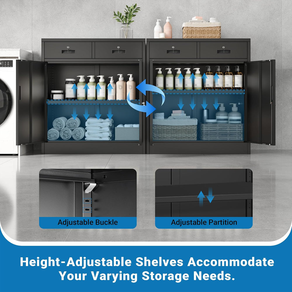 Metal Storage Cabinet, 36" Locking Cabinet with 2 Drawers & Shelves