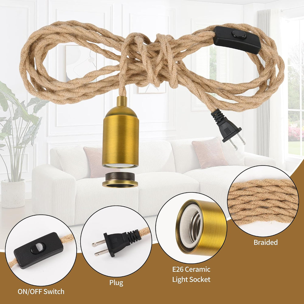 Pendant Lamp Cord 15FT Hemp Rope, Plug in Light Kit, 2-Pack