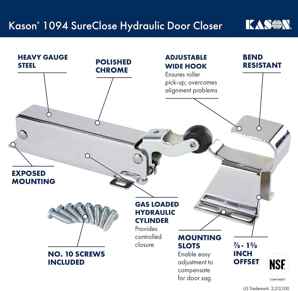 Kason 1094 SureClose Hydraulic Door Closer and Hook, Exposed Mounting, Adjust...