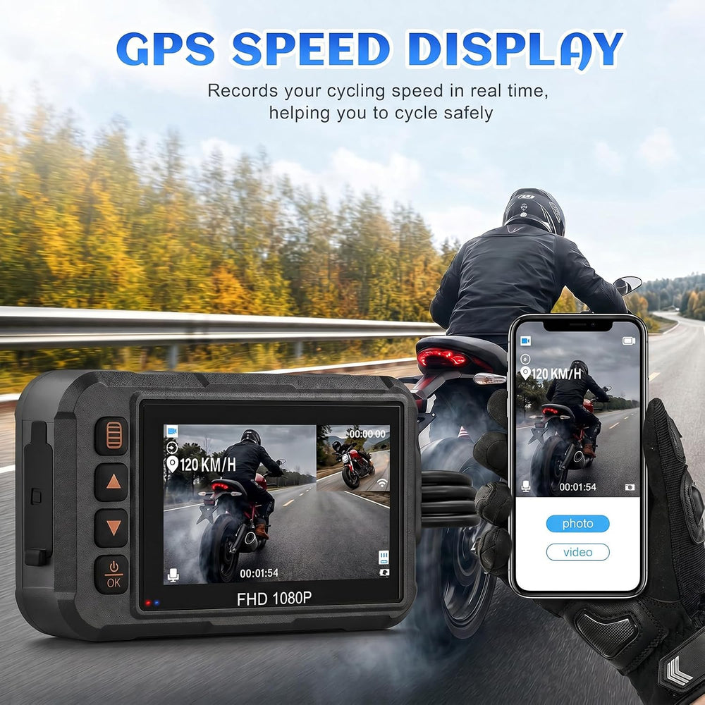Motorcycle Dash Cam Dual HD Camera Front and Rear View 3" IPS Screen 1080P