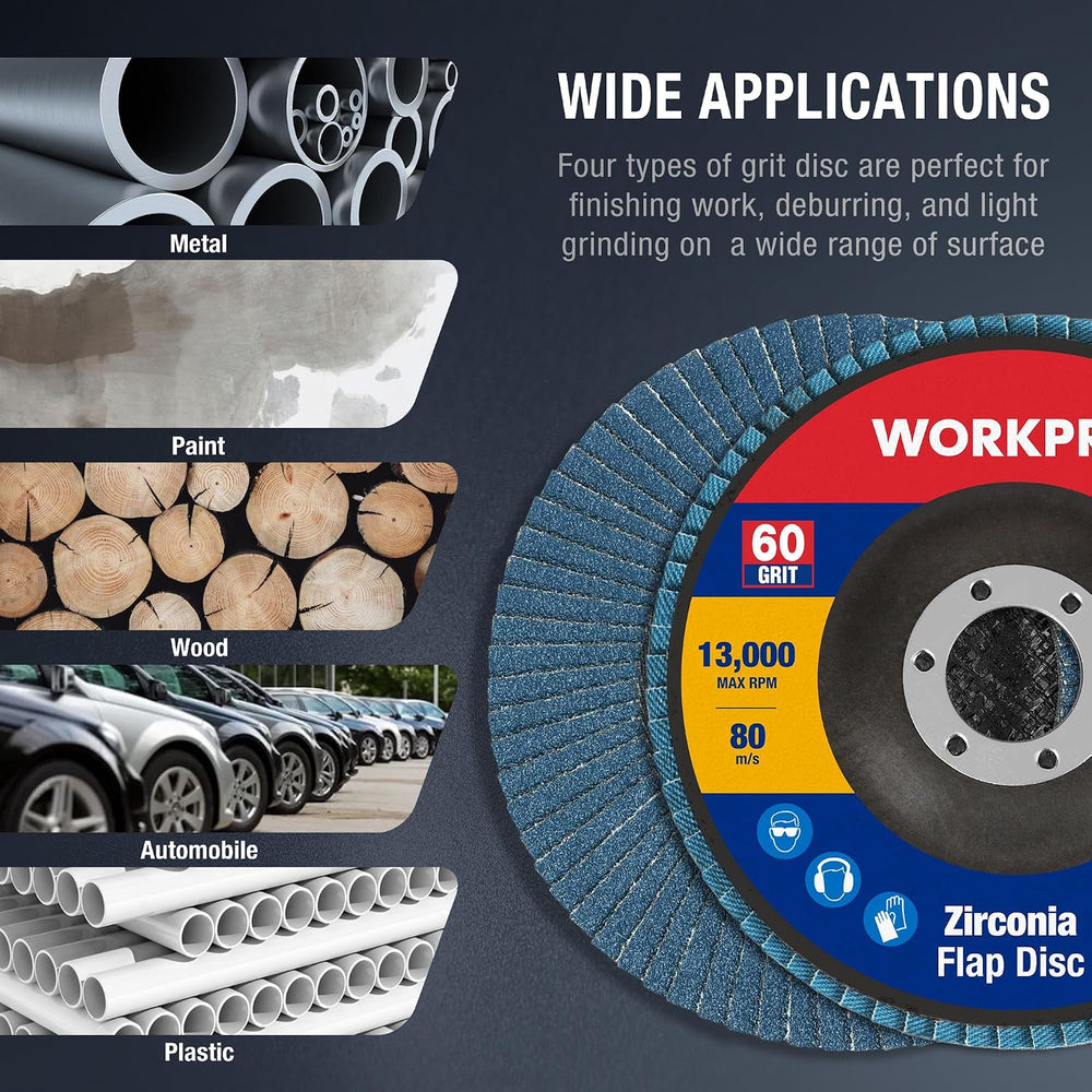 WORKPRO 20-Pack Zirconia Flap Discs, 4-1/2" x 7/8", T29, 60 Grit