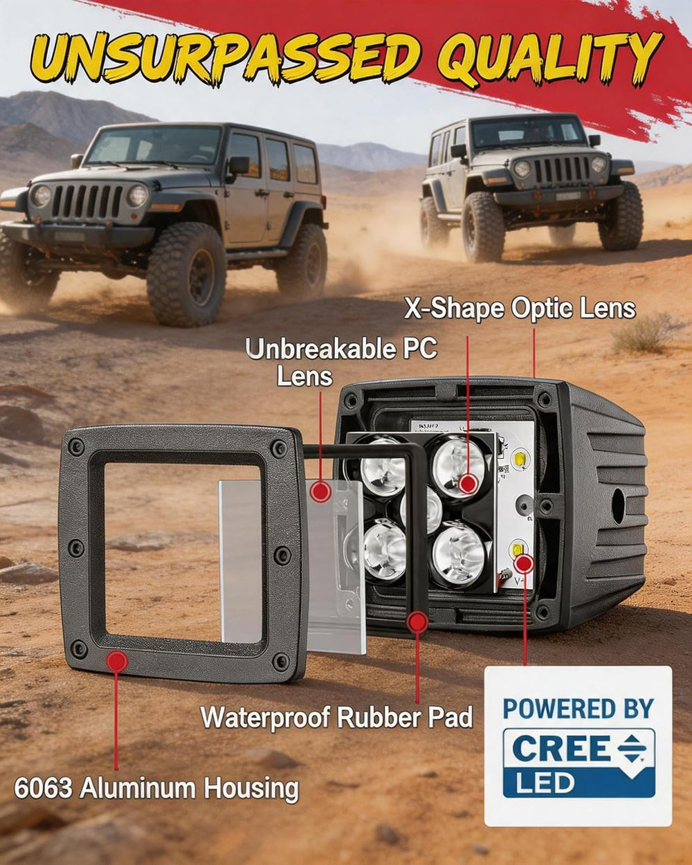 3 Inch LED Pod Lights, 100W Spot Beam Off Road Lights Ditch Lights, 2 Pack