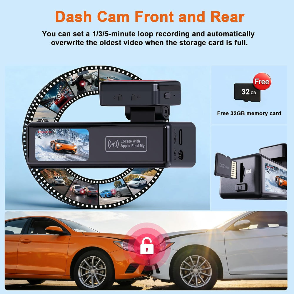 4K Dash Cam Front and Rear,with “Apple Find My” Function, 5.8GHz WiFi