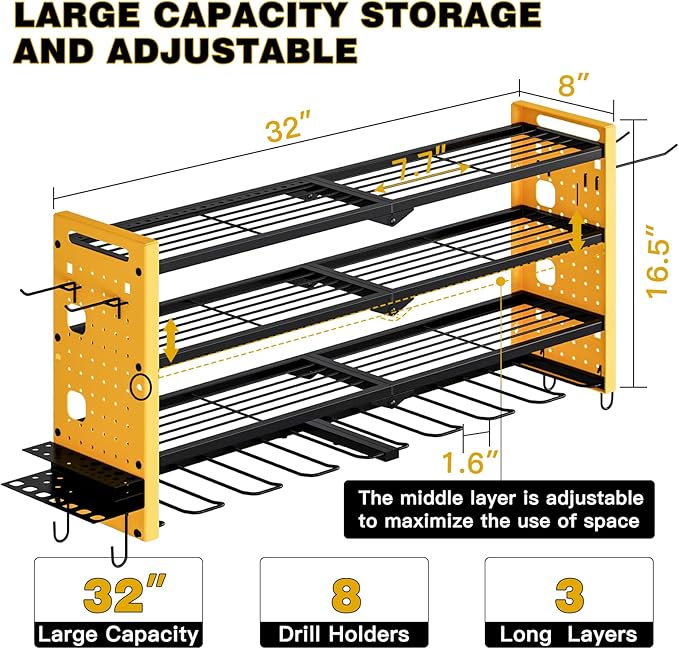 Power Tool Organizer Wall Mount, Cordless Drill Organizer, 4 Layers Large