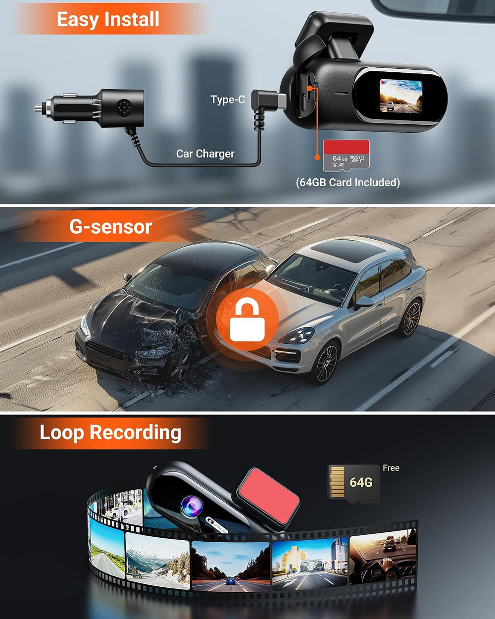 4K Dash Cam Front,Built-in 5G WiFi,64GB Card Included, Dash Camera for Cars, ...
