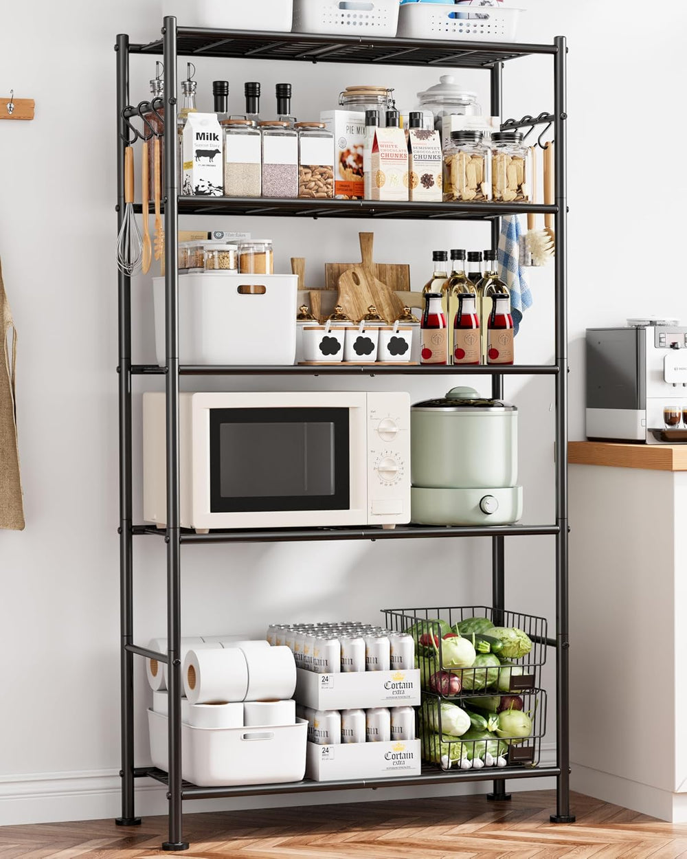 5-Tier Storage Shelves with Hooks, 32.1" x 12.7" x 71.4", Black