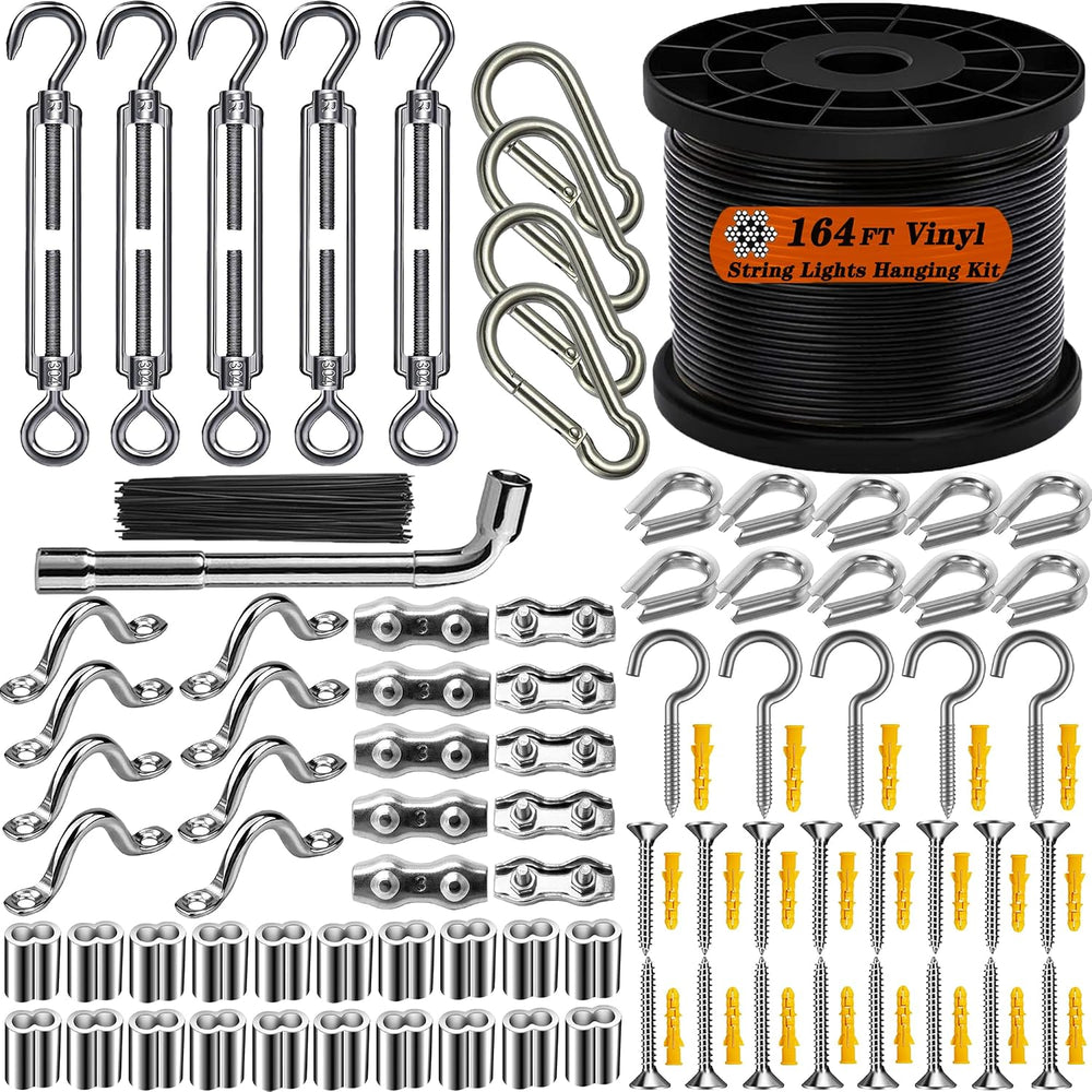 String Light Hanging Kit,164 FT Coated Stainless Steel Wire Rope