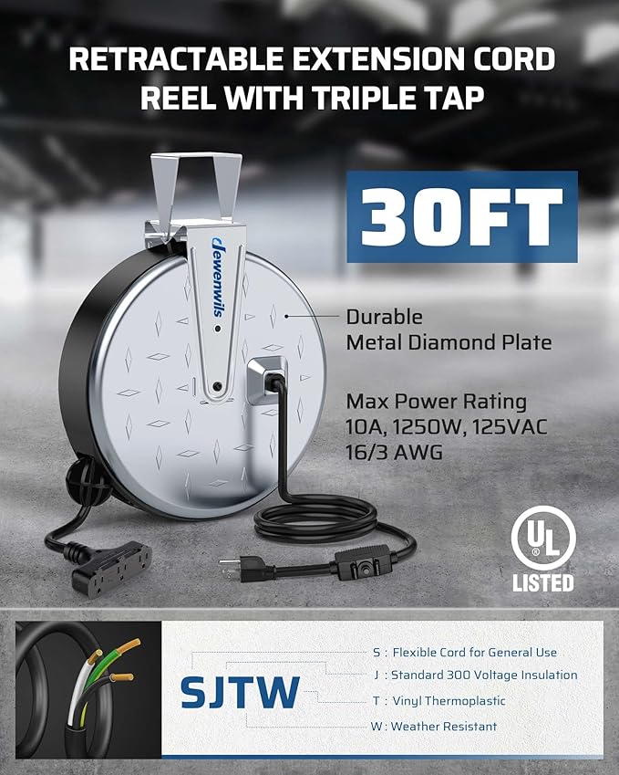 DEWENWILS 30 Ft Retractable Extension Cord Reel, Ceiling/Wall Mount 16/3 Gauge