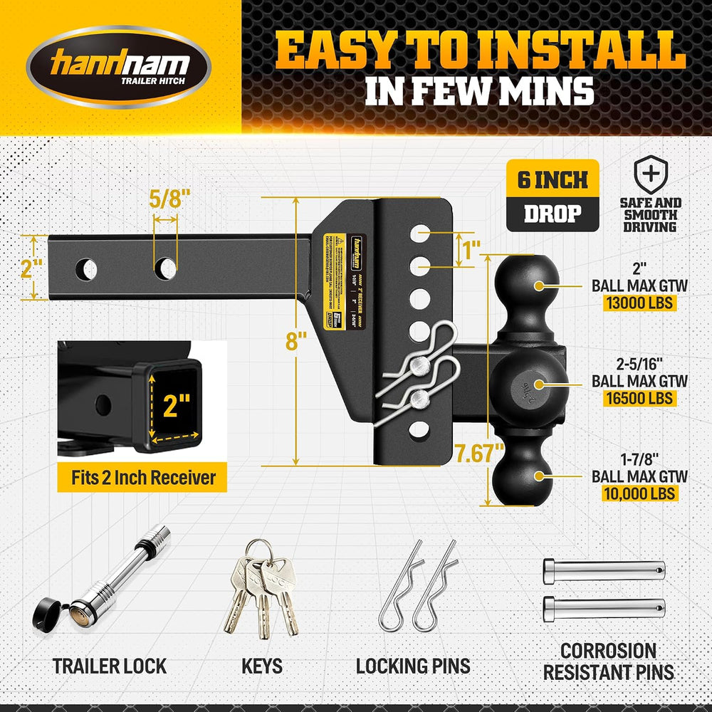 Drop Hitch Adjustable Trailer Hitch, Tow Hitch with 6-Inch Drop/Rise for Truc...