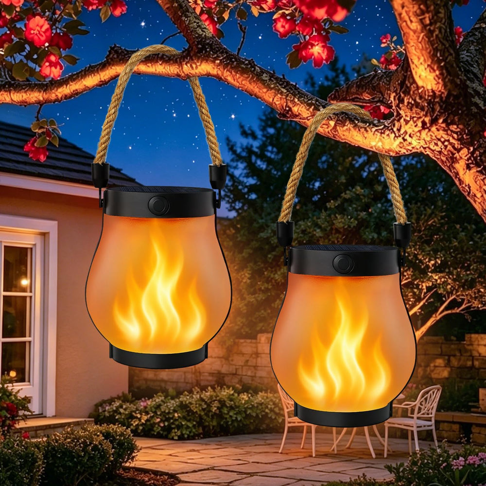 2 Pack Solar Lanterns Outdoor Waterproof, Solar Flame Lanterns with 2 Modes