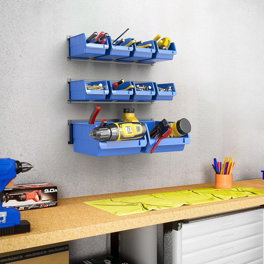 WALMANN Wall Mounted Storage Bins for Small Parts, 10 Bins with 3 Rails