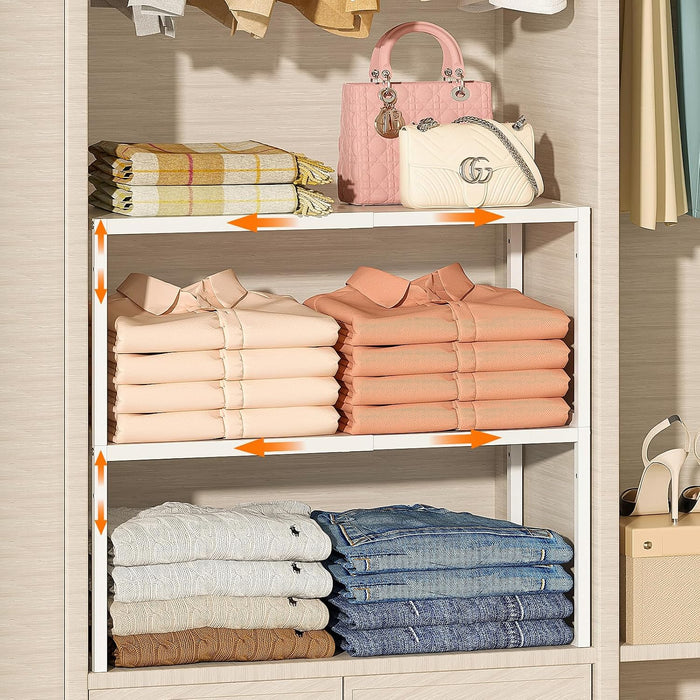 ThreeHio 2 Pack Stackable Closet Organizers and Storage Shelves, Expandable Metal Clothing Shelf, Adjustable Shelving Unit for Cabinet Wardrobe, Kitchen, Pantry, Sweater Clothes Cube Storage Organizer