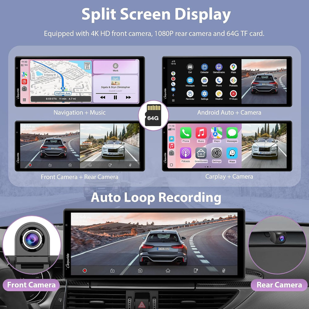 Carpuride Wireless Carplay & Android Auto with Dash Cam