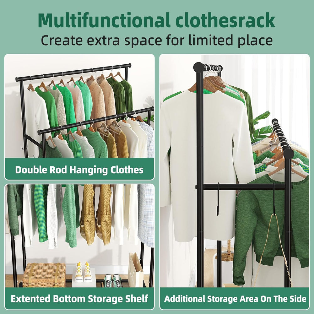 Ekisemio Double Rods Clothes Rack with Wheels Load 400 LBS, 45 Inch Rolling C...