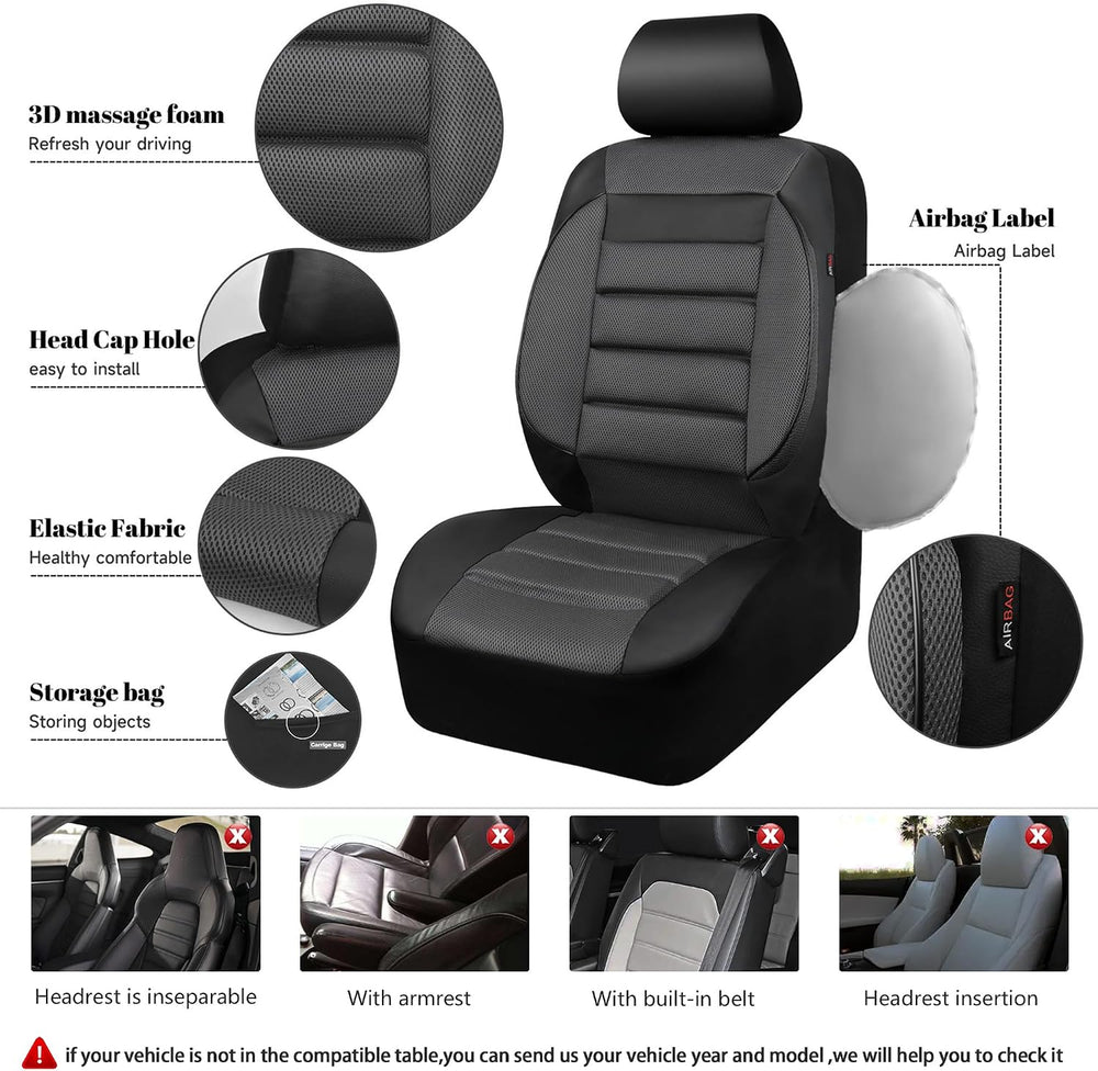 CAR PASS Leather 3D Foam Back Support Car Seat Covers Full Set Air Mesh Autom...