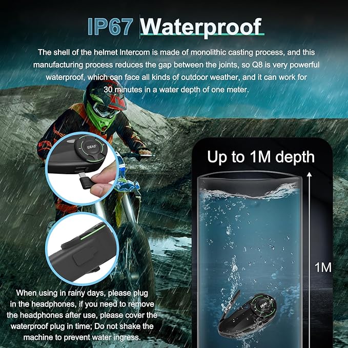 Q8 Motorcycle Helmet Bluetooth Intercom Headset, 230hours Standby, 6 Riders