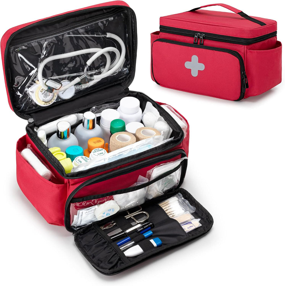 CURMIO Small Medicine Storage Bag, Empty Family First Aid Kits Case, Red
