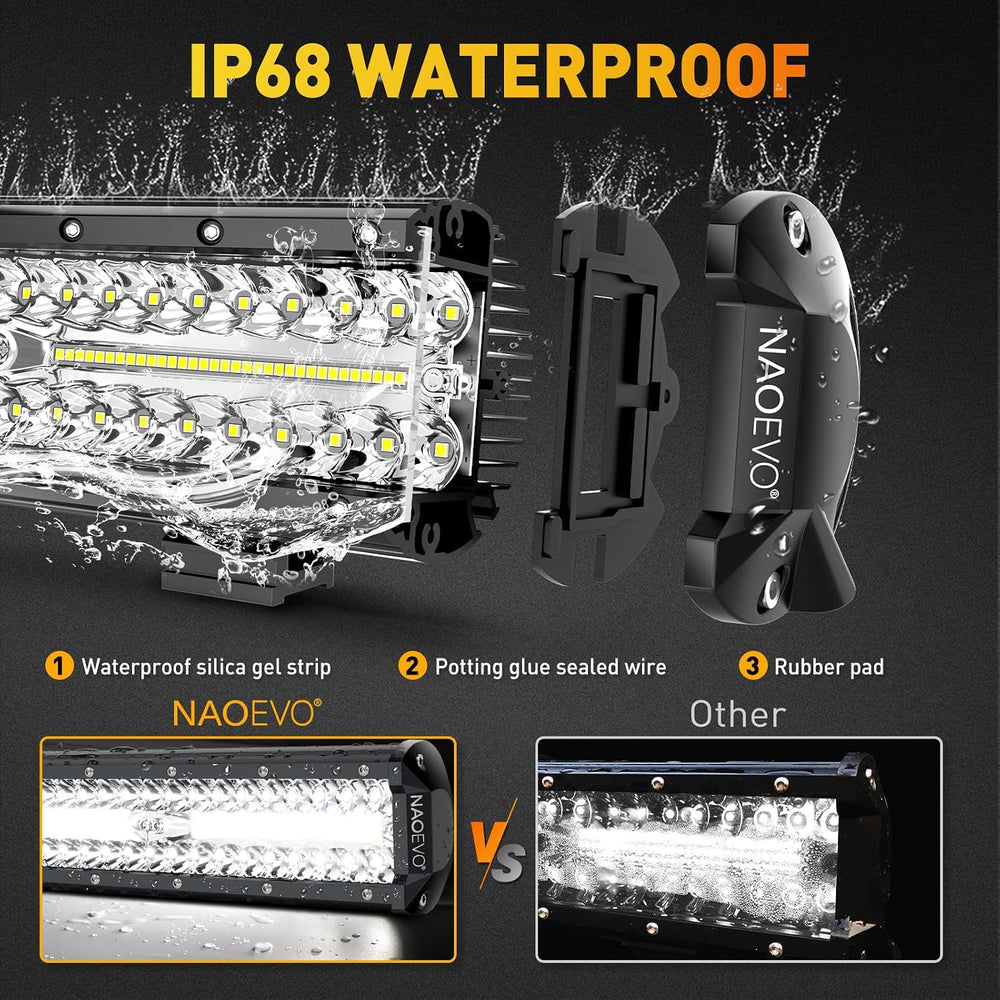 NAOEVO 12Inch LED Light Bar and 2PCS 4Inch Pod Lights with 3-Lead Harness