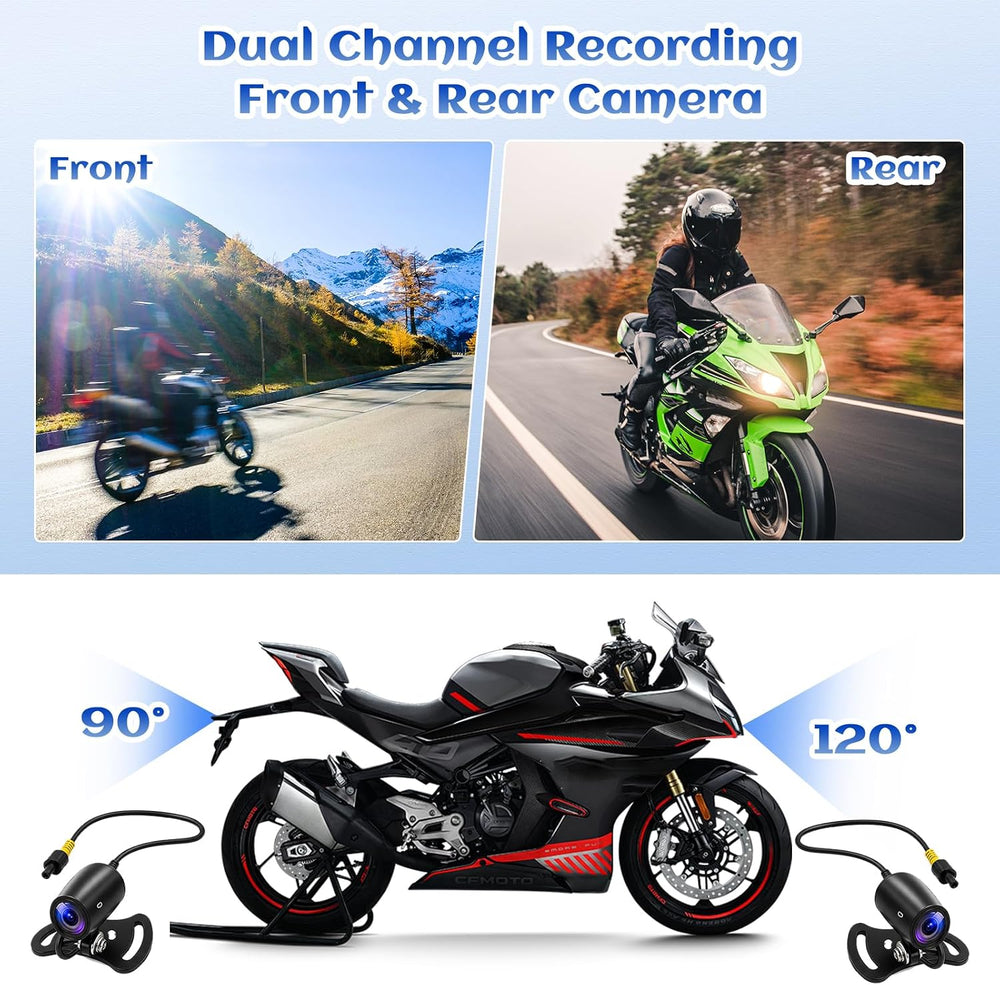 Motorcycle Dash Cam Dual HD Camera Front and Rear View 3" IPS Screen 1080P