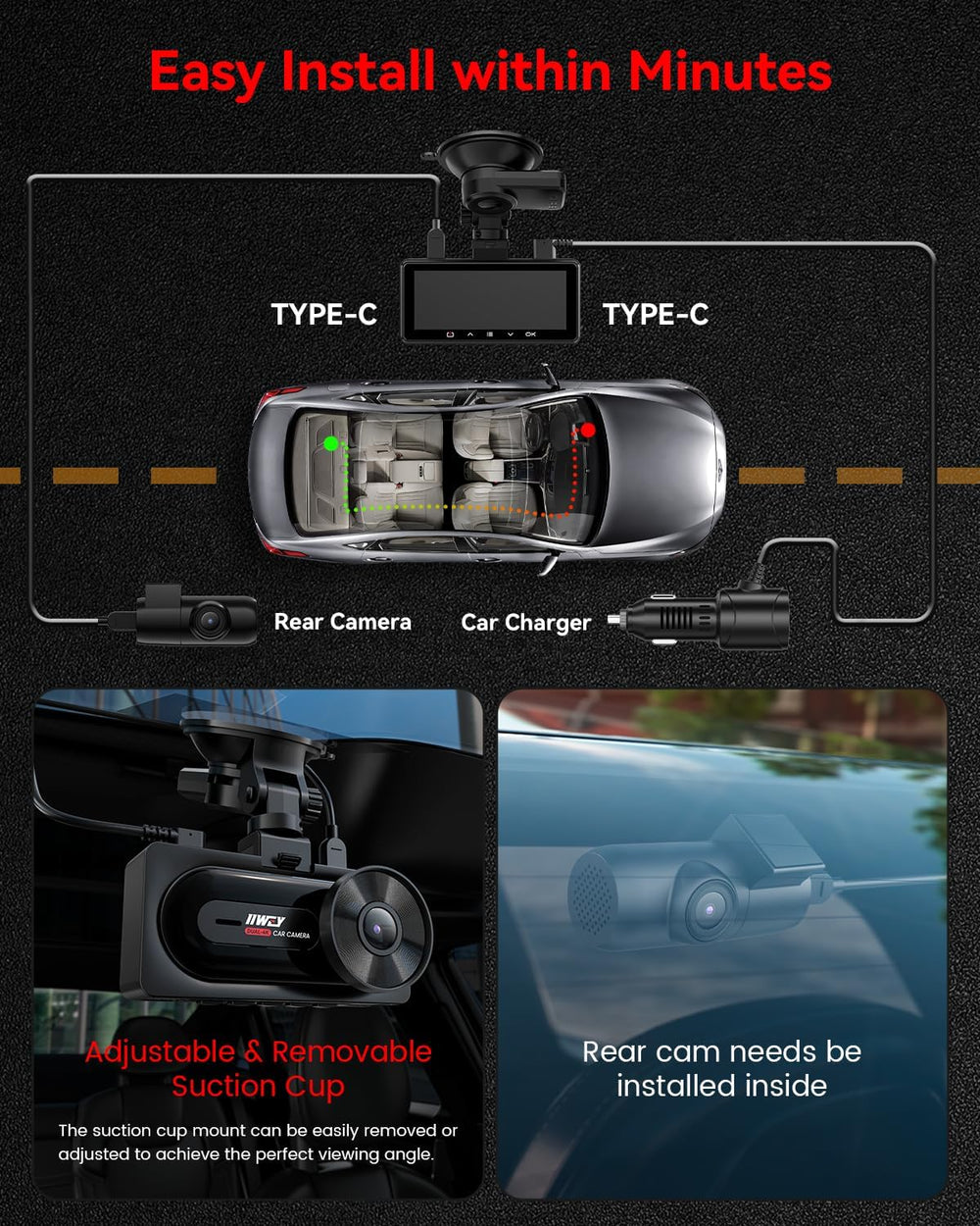 IIWEY 4K+4K Dash Cam Front Rear, Dual STARVIS Sensor, 128G Card Includes