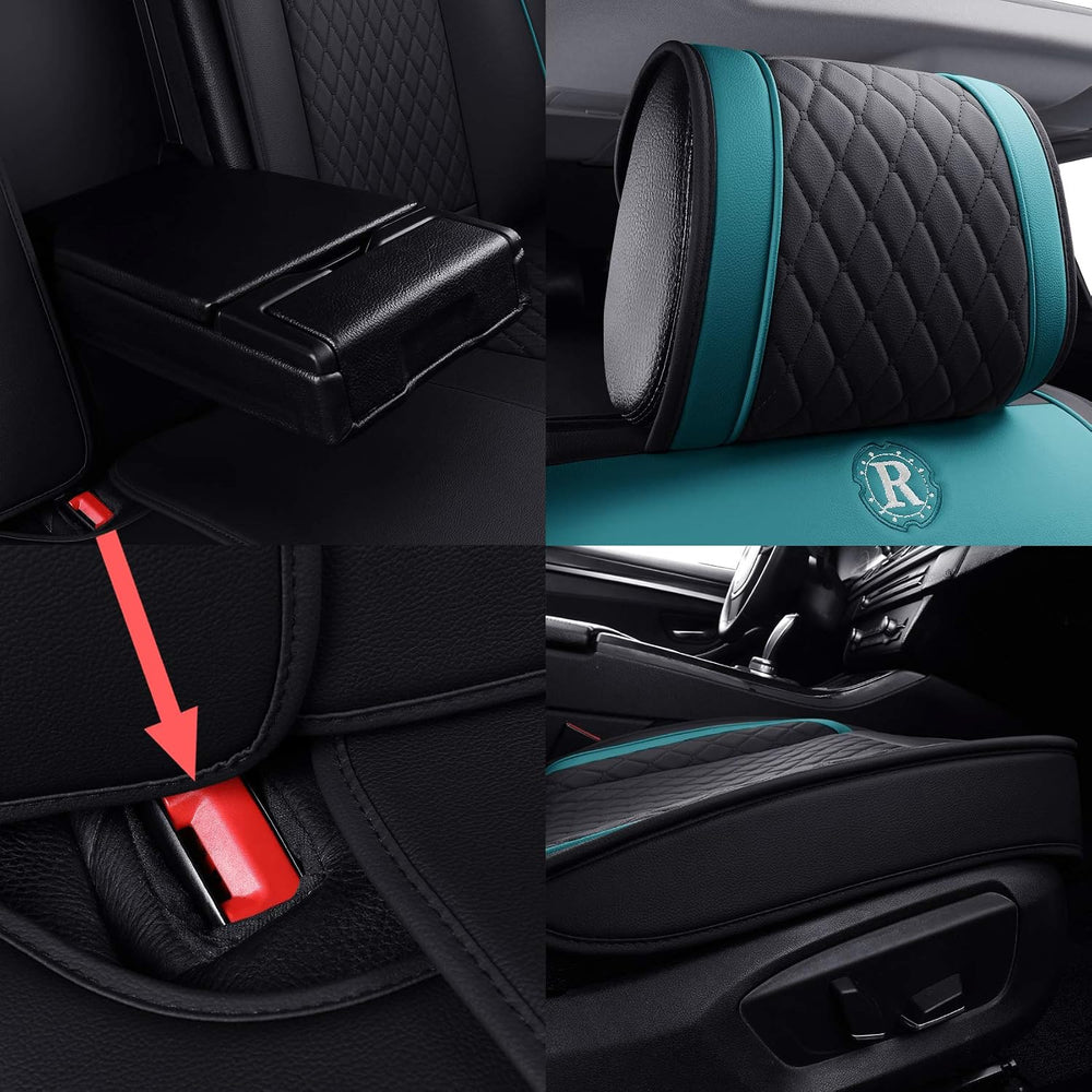 5 Car Seat Covers Full Set Waterproof Leather, Black-Green