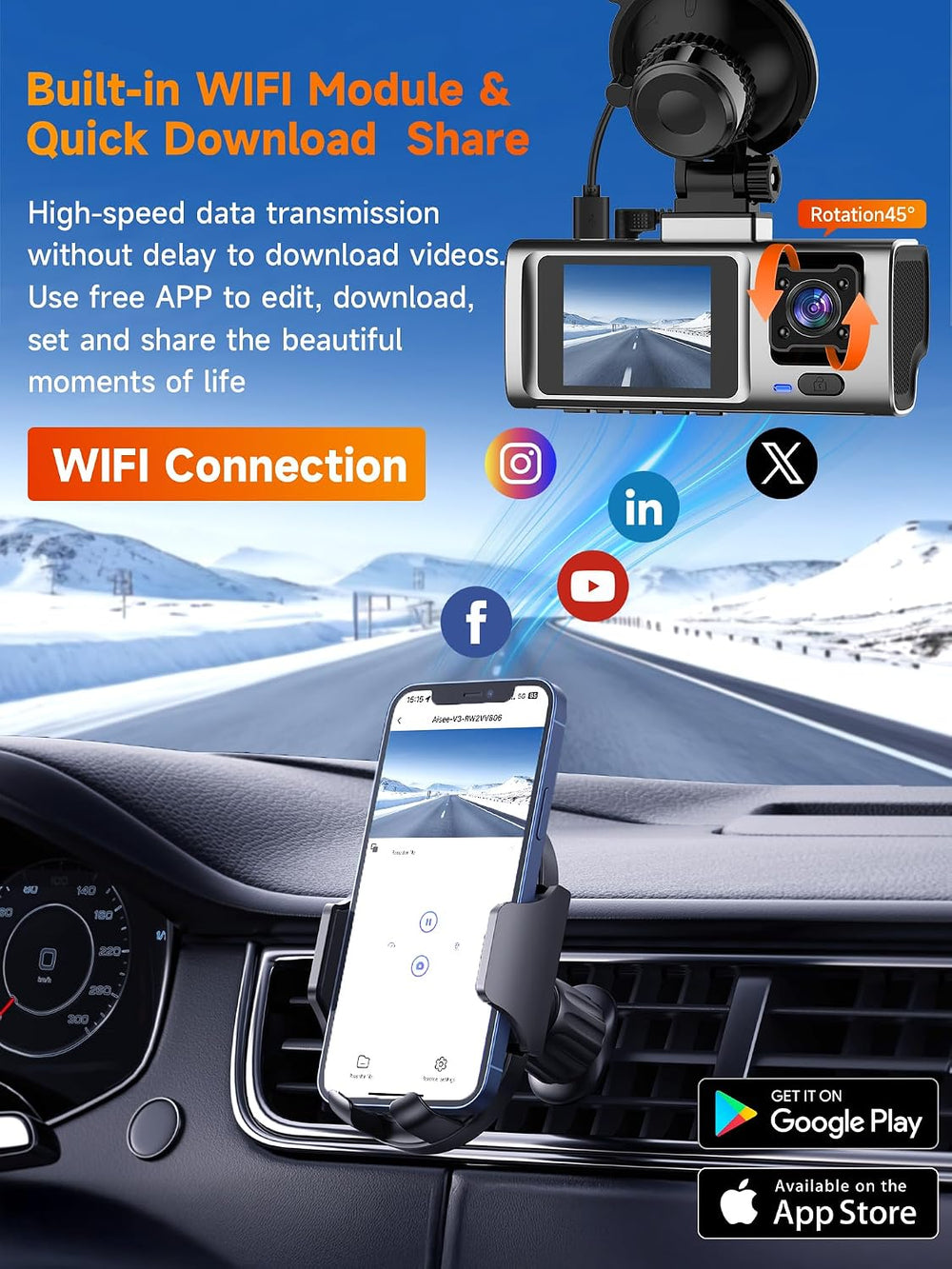 3 Channel Dash Cam Front and Rear Inside, 2.5K Front Cabin Recorder with Supe...