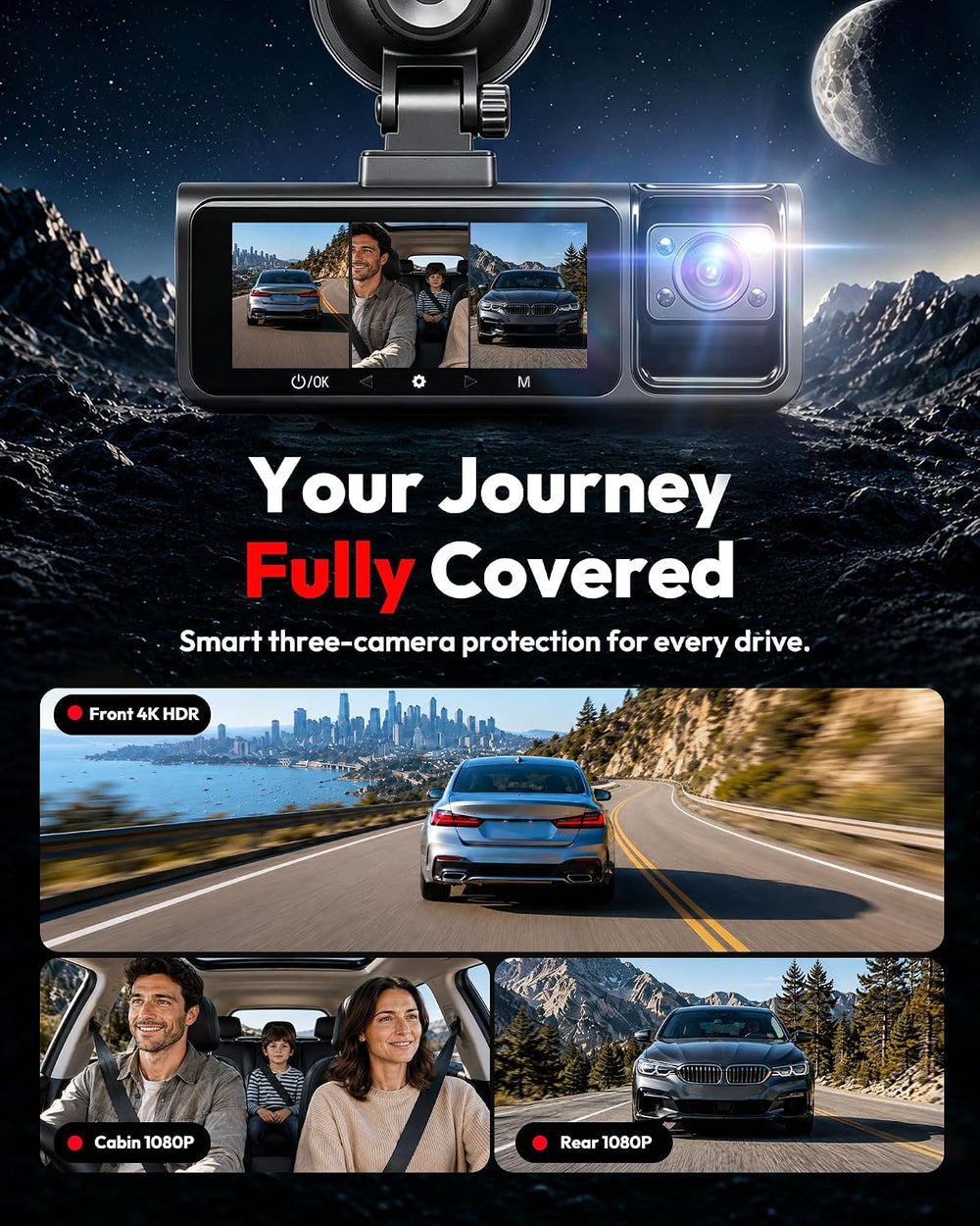 3 Channel 5G WiFi Dash Cam, 4K+1080P+1080P Dash Cam Front and Rear with 64GB ...