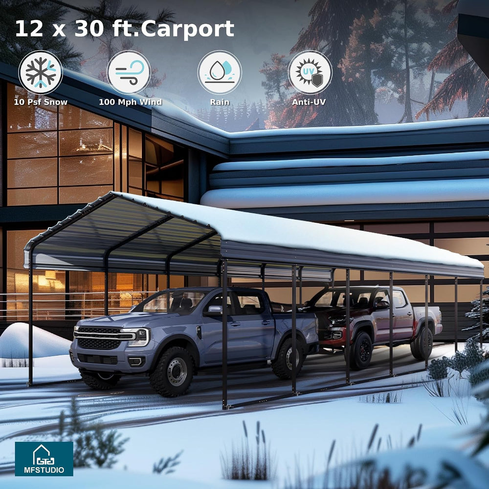 MFSTUDIO Metal Carport 12x30ft, Heavy Duty Carports Car Canopy Shelter