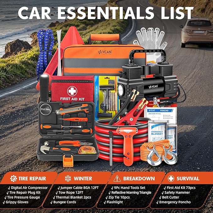 Car Emergency Kit with Portable Air Compressor, First Aid Kit, Jumper Cables