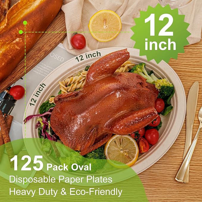 WELLIFE 100% Compostable Oval Paper Plates 12 Inch, Biodegradable Bagasse (12...