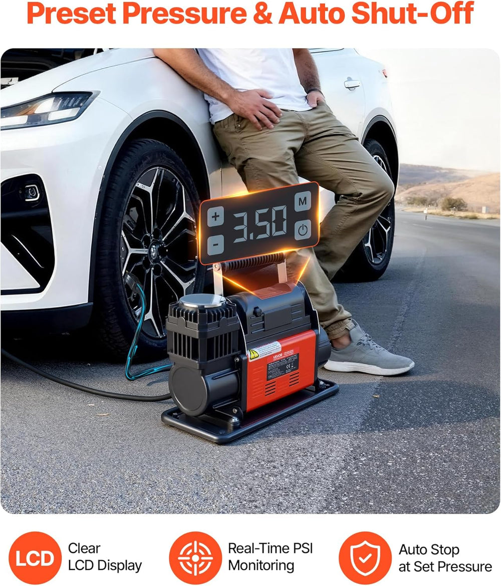 VEVOR 12V Heavy Duty Air Compressor, Auto-Stop Portable Tire Inflator with LC...