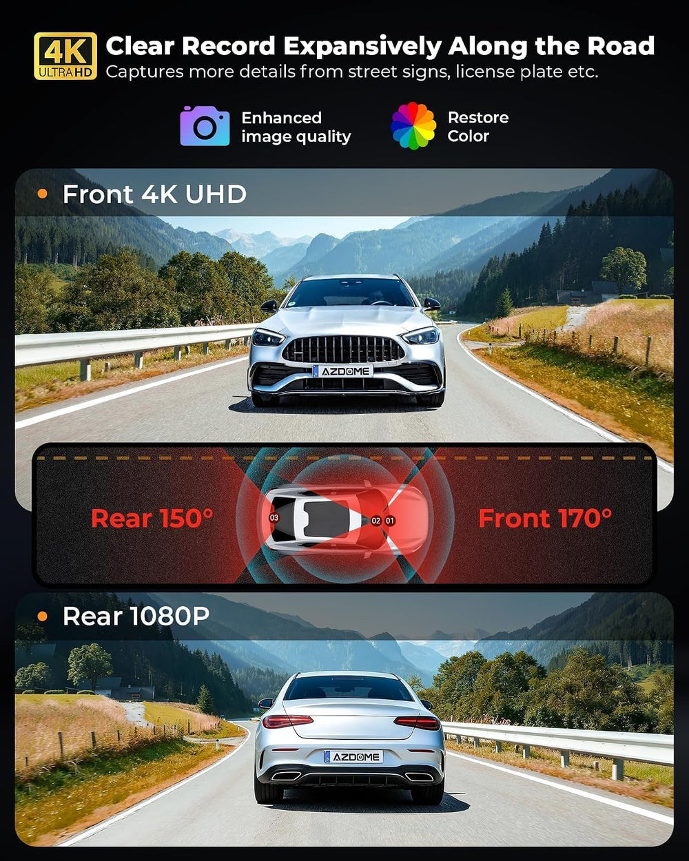 Dash Cam Front and Rear, 4K Front Camera, WiFi and GPS