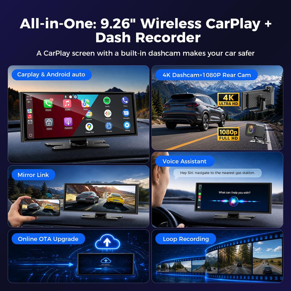9.26" Wireless CarPlay Screen with 4K+1080P Dual Dash Cam Front and Rear