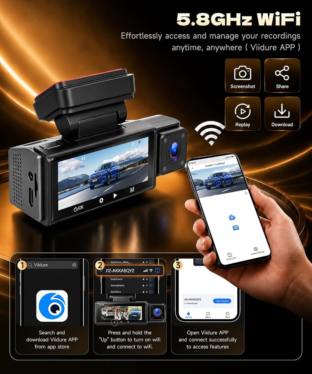 4K+2K+2K 3 Channel Dash Cam Front Rear Inside Car Camera, 64GB Card