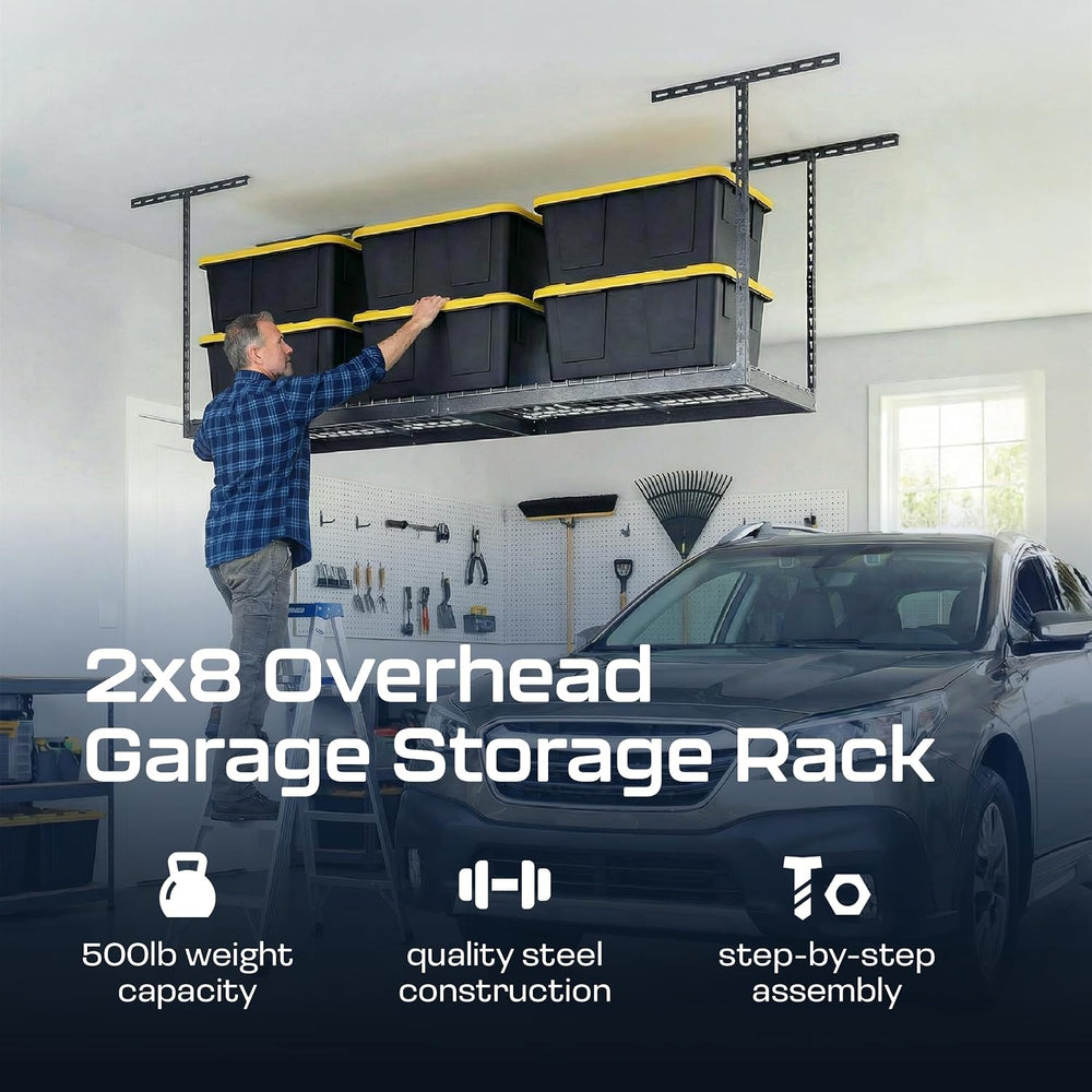MonsterRax 2x8 Overhead Garage Storage Rack, Gray, 24"-45" Height