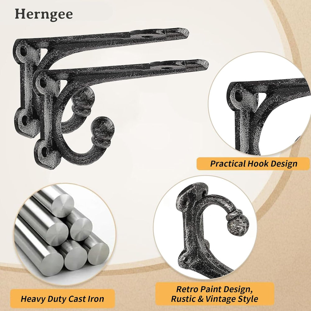 Cast Iron Shelf Brackets 4 Inch, 4 Pack Black Rustic Shelf Brackets with Hook...