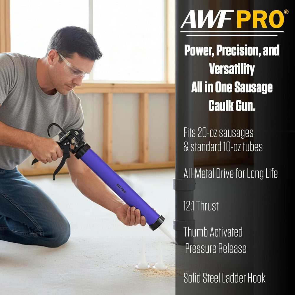 AWF PRO Sausage Caulking Gun 20 oz, 12:1 Thrust Ratio