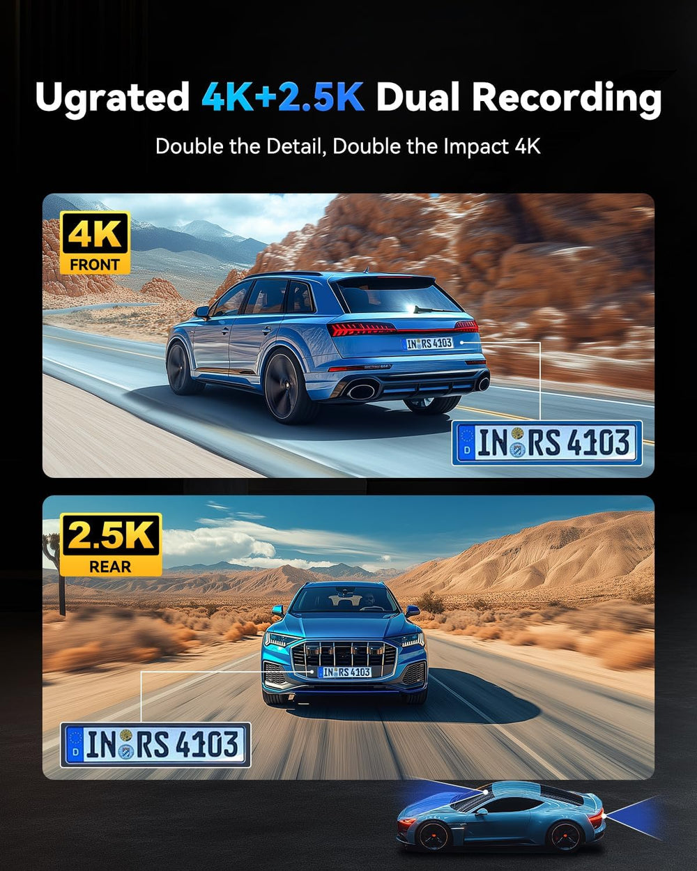T860+ Mirror Dash Cam 4K Front and 2.5K Rear, Rear View Mirror Camera