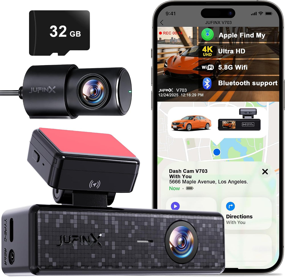 4K Dash Cam Front and Rear,with “Apple Find My” Function, 5.8GHz WiFi