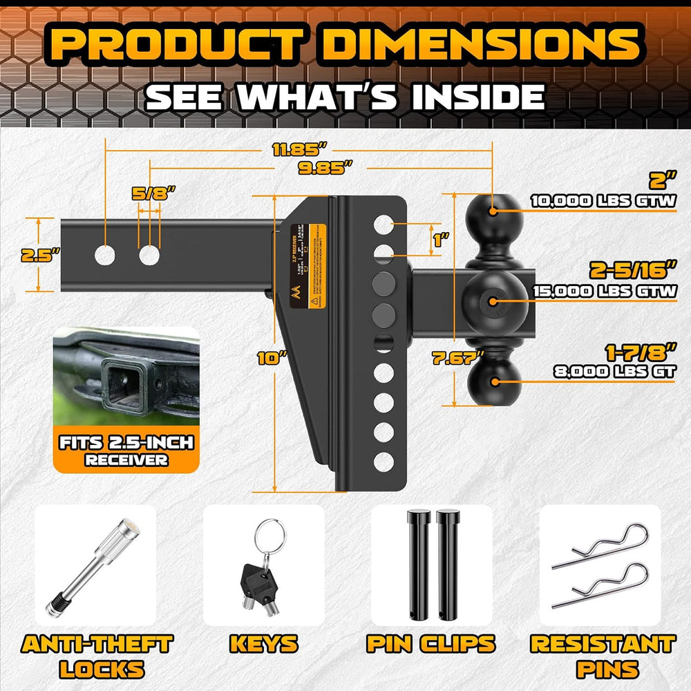 Adjustable Trailer Hitch -Drop Hitch Fit 2.5" Receiver-8" Drop/Rise