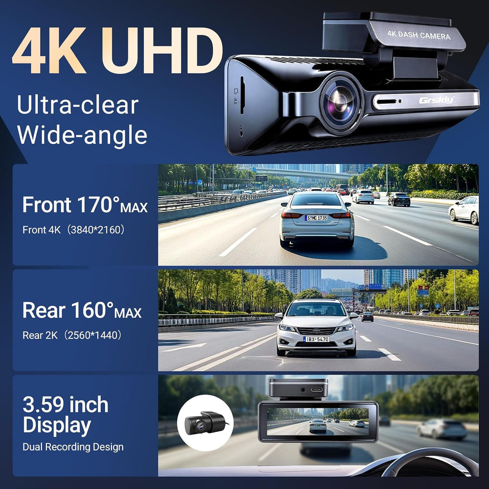 4K Dash Cam Front and Rear, Car Dash Camera with Built-in GPS, 5GHz WiFi, Nig...