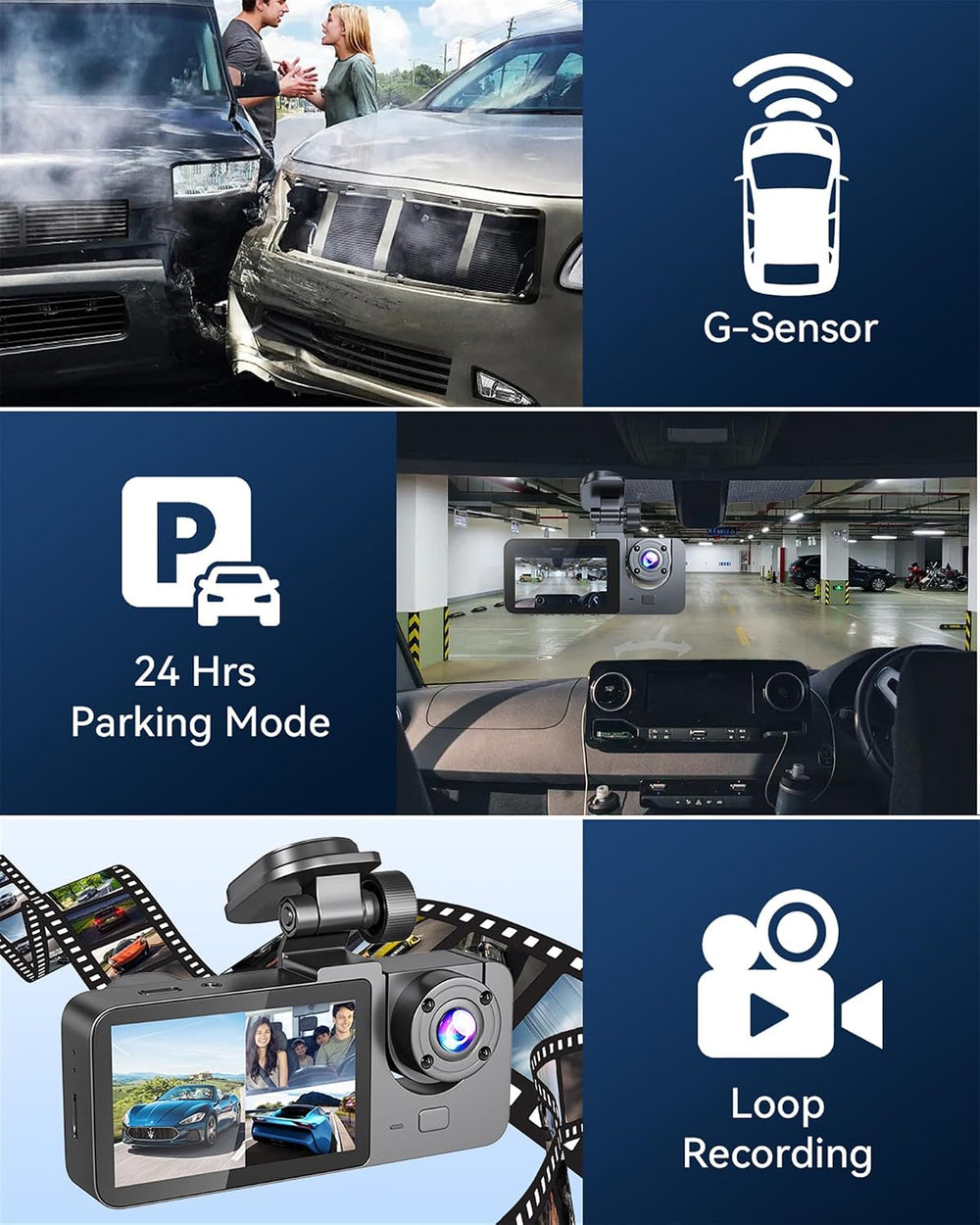 Dash Cam Front and Rear Inside 3 Channel 4K Full UHD Dash Camera for Cars