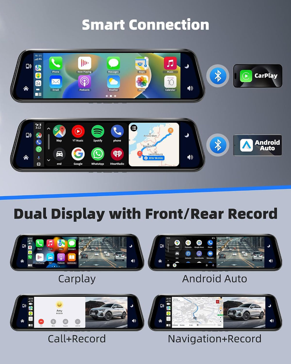 10" Mirror Dash Cam with Android Auto&Carplay 2.5K Rear View Mirror ...