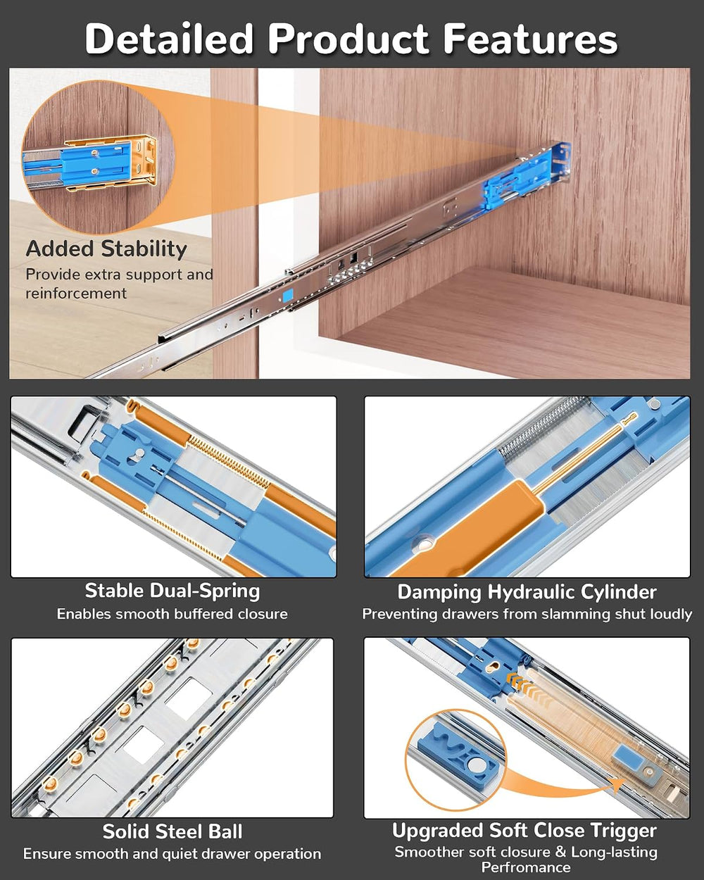 Chibery 12 Inch Side Mount Soft Close Drawer Slides, 10 Pairs Heavy-Duty Full...
