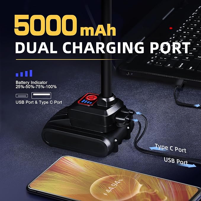 LED Work Light, 5000mAh Magnetic Gooseneck Light Rechargeable, 2000 Lumen