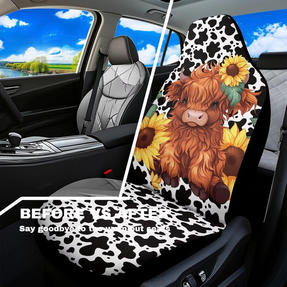Cute Sunflower Highland Cow Front Seat Covers for Cars Bucket Seat Covers Bla...