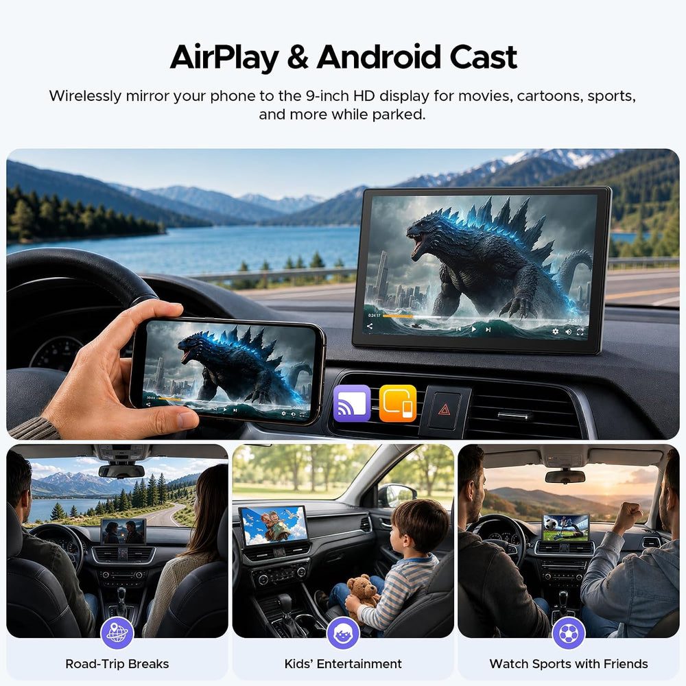 9" Wireless CarPlay Screen, 4K Front + 1080P Rear Dual Dash Cam